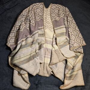 Boho Open-Front Shawl Cozy Geometric Layering Wrap Neutral Earth Tones New